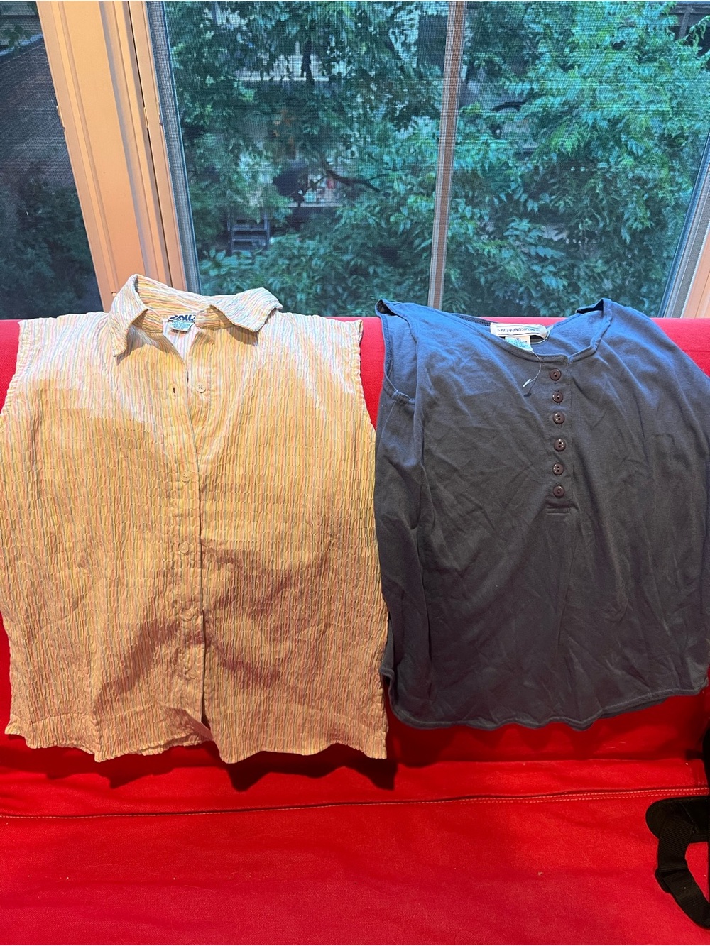 Women’s Cream Striped and blue Button-Front Tank Top  set of 2- Unbranded